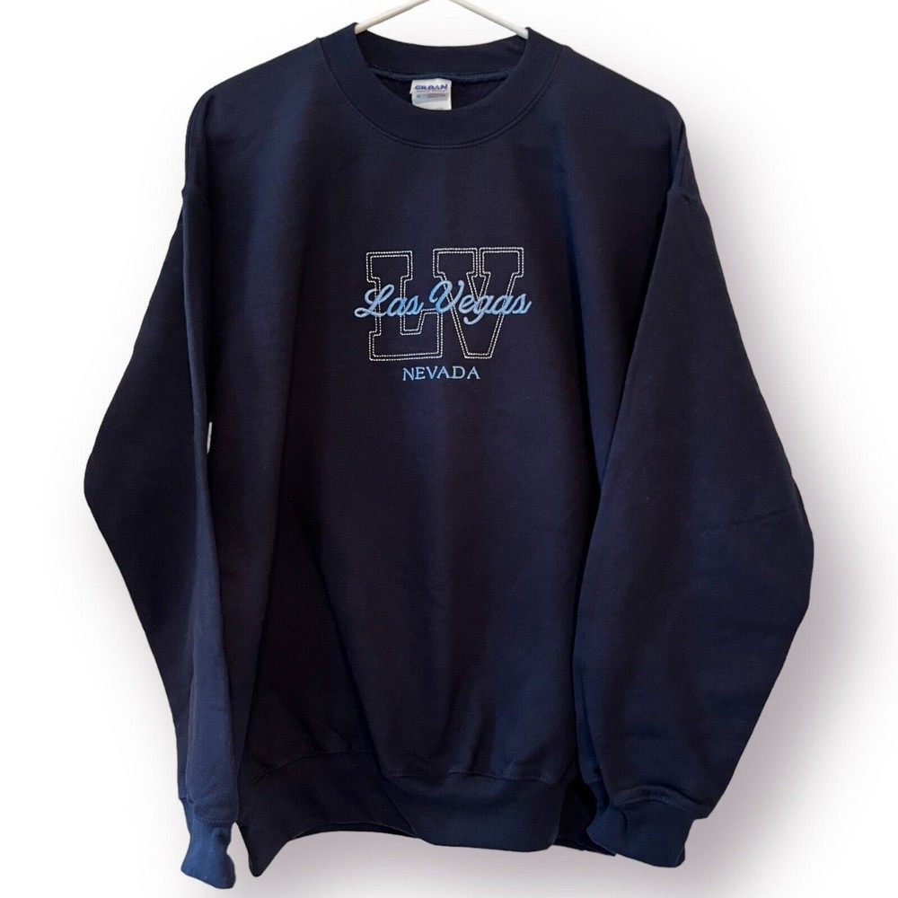 Gildan Las Vegas Nevada Sweatshirt Medium Navy Blue Long Sleeve Embroidered